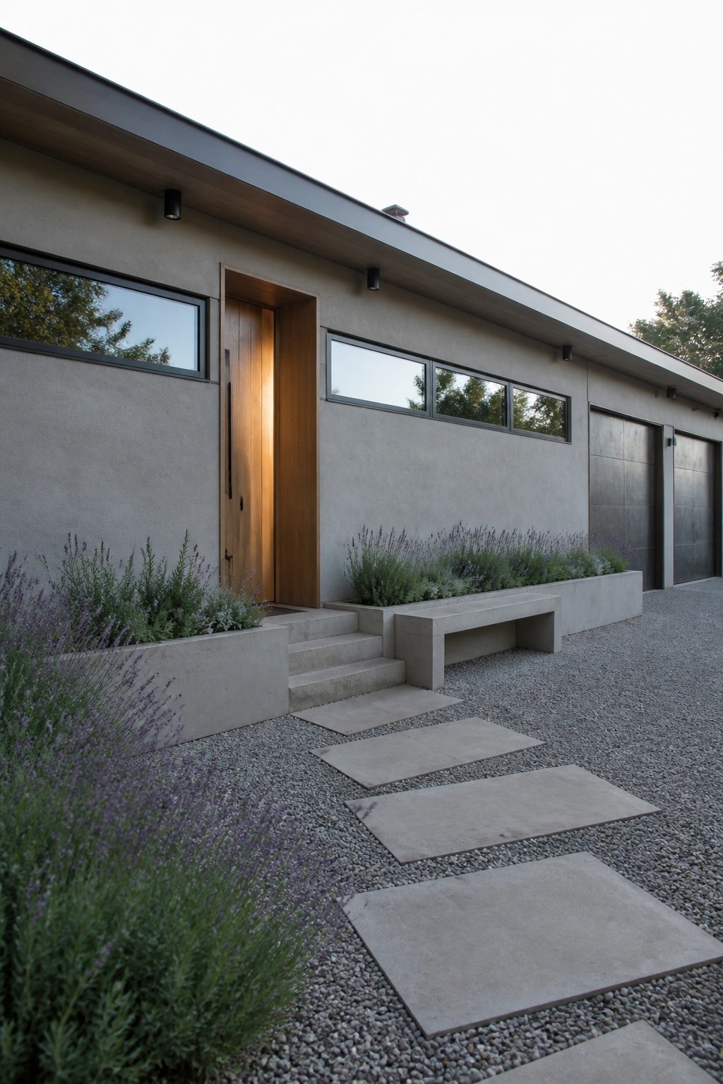 Modern concrete house with wooden door, garage doors, concrete bench, and gravel path.