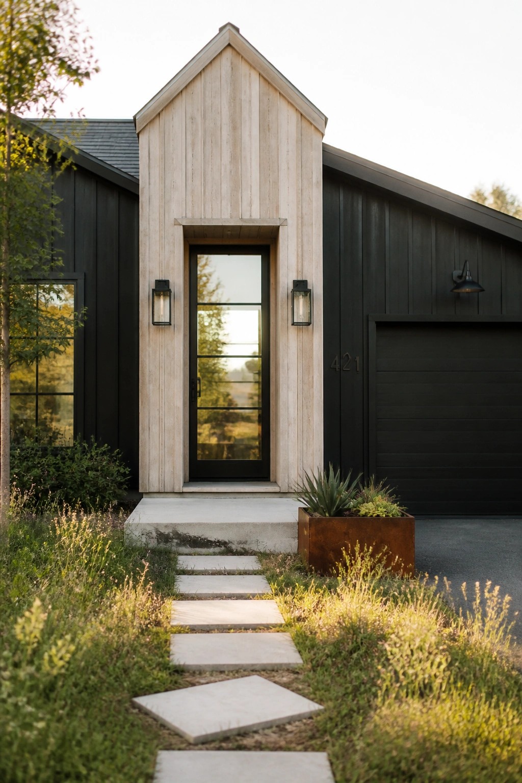 A front view of a modern farmhouse showing a tall light wood gable over the entry door, dark siding on the rest of the house, a black door with glass panels, and a stone path leading to the steps.
