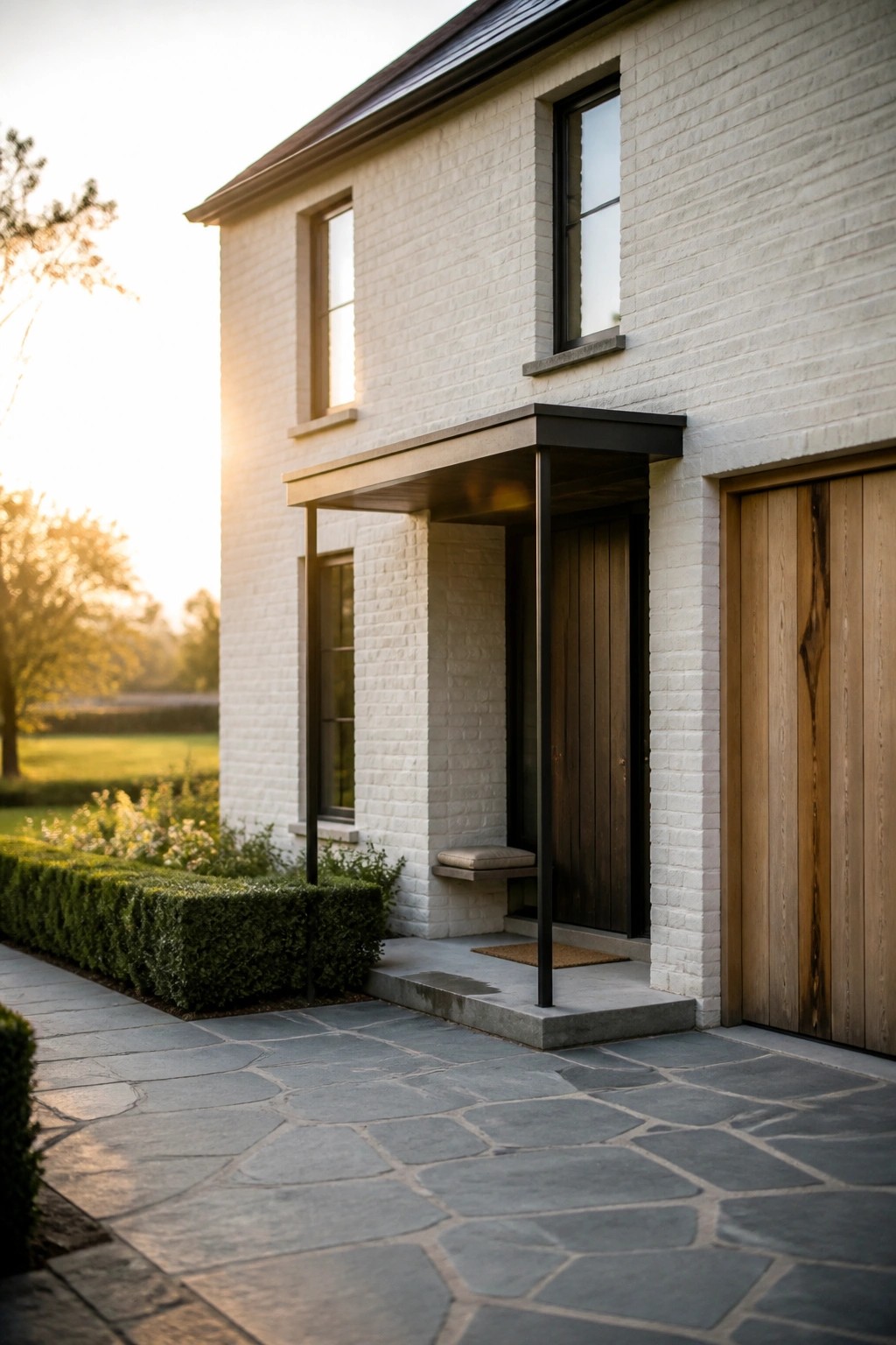 A white brick house exterior showing a flat dark metal entry overhang with thin black supports, a wooden door, and a stone walkway in the foreground.