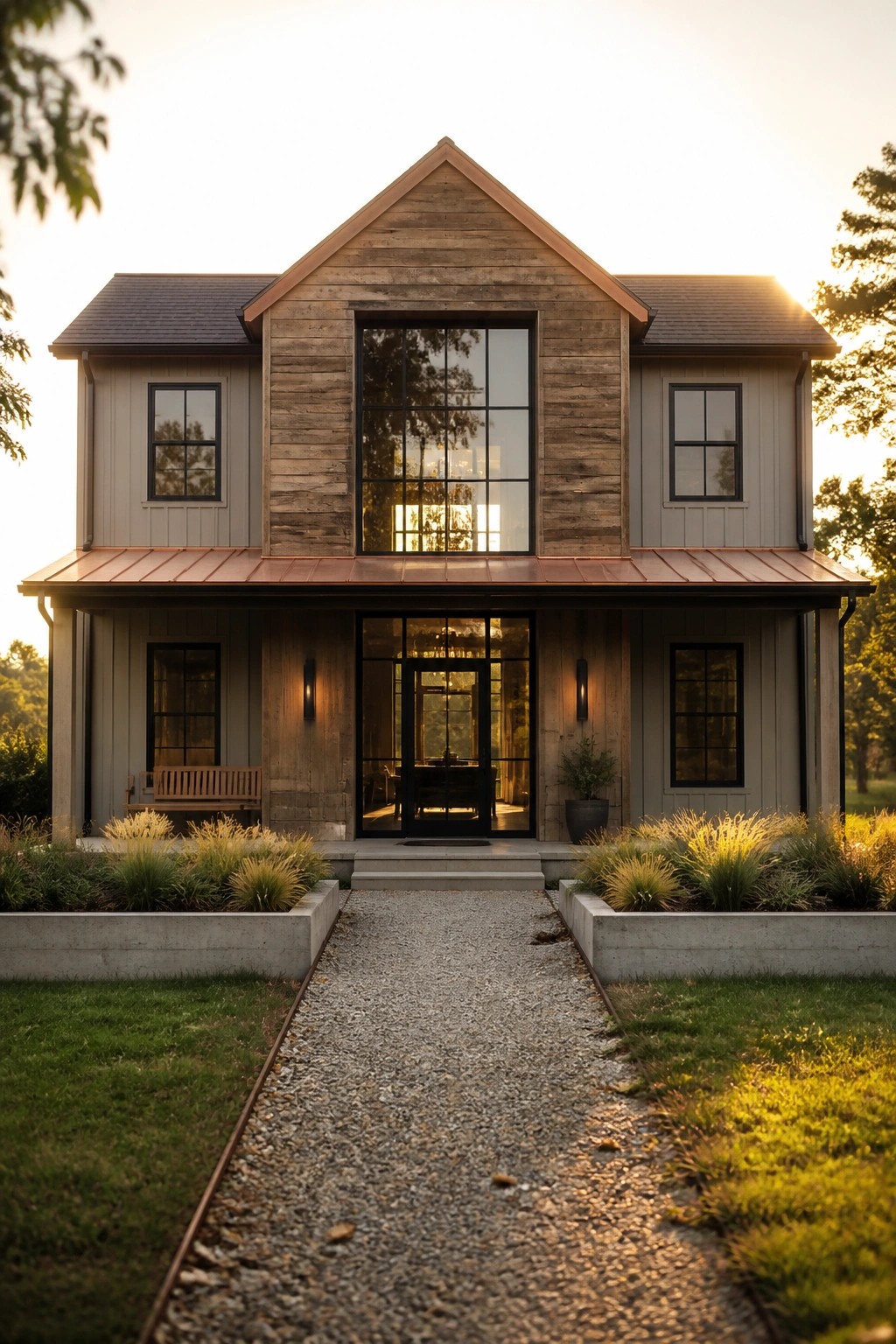 A two-story farmhouse exterior with a central gable, large black-framed window above the entry, smaller matching windows on each side, copper roof accents, and a gravel path leading to the front door.