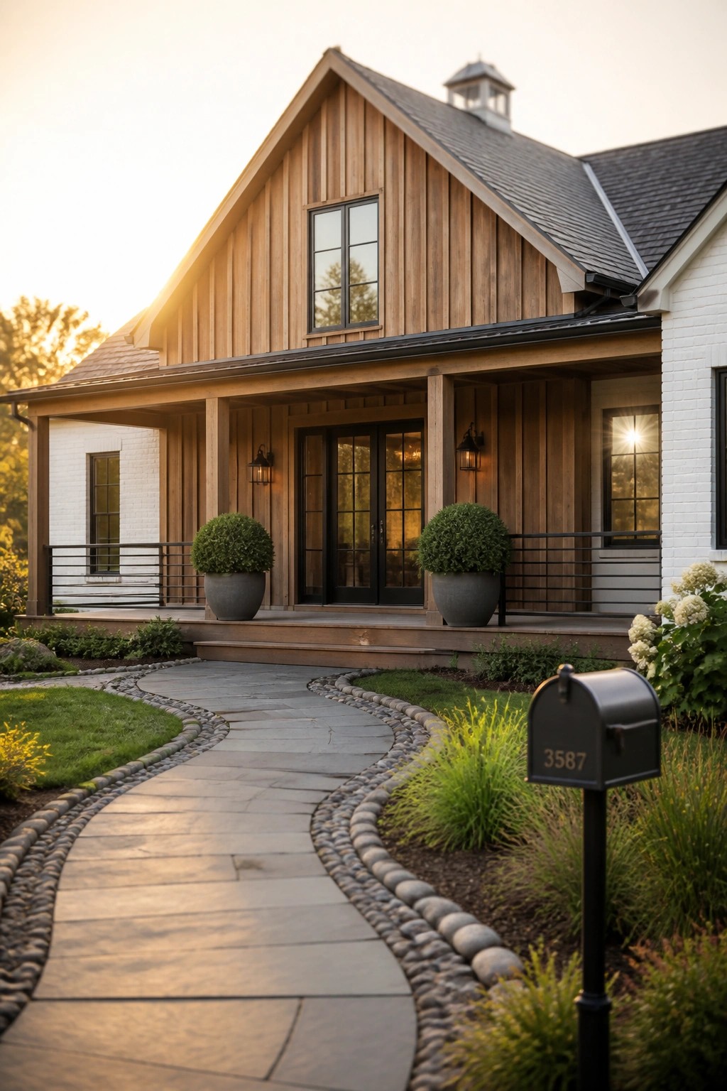 A modern farmhouse with vertical wood siding, a large gable roof, black-framed glass doors, a covered porch with round planters, and a curved stone walkway.