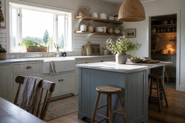 A farmhouse kitchen featuring a gray-painted island with a white marble top, white cabinetry, open wooden shelves, and a large window above the sink.