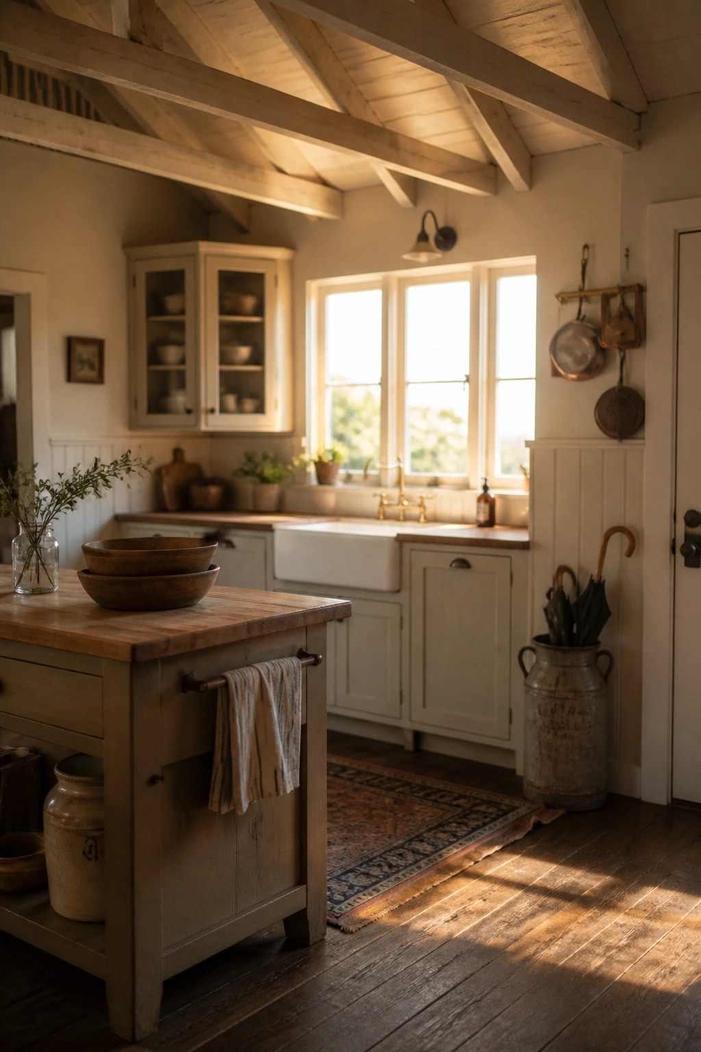 A farmhouse kitchen with light painted cabinets, a wooden island, white farmhouse sink, and windows letting in natural light.