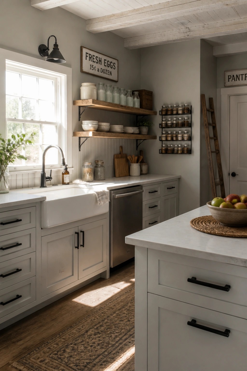 Rustic farmhouse kitchen with white cabinets, sink, wooden shelves, and marble counters.