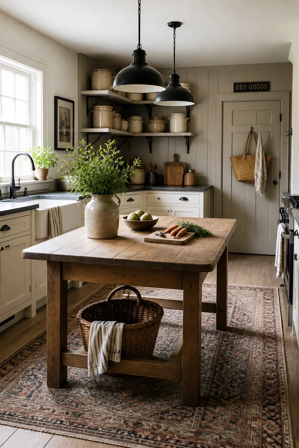 A bright farmhouse kitchen with white cabinets, a large wooden island, open shelving holding neutral pottery, black pendant lights, and a patterned rug on the floor.
