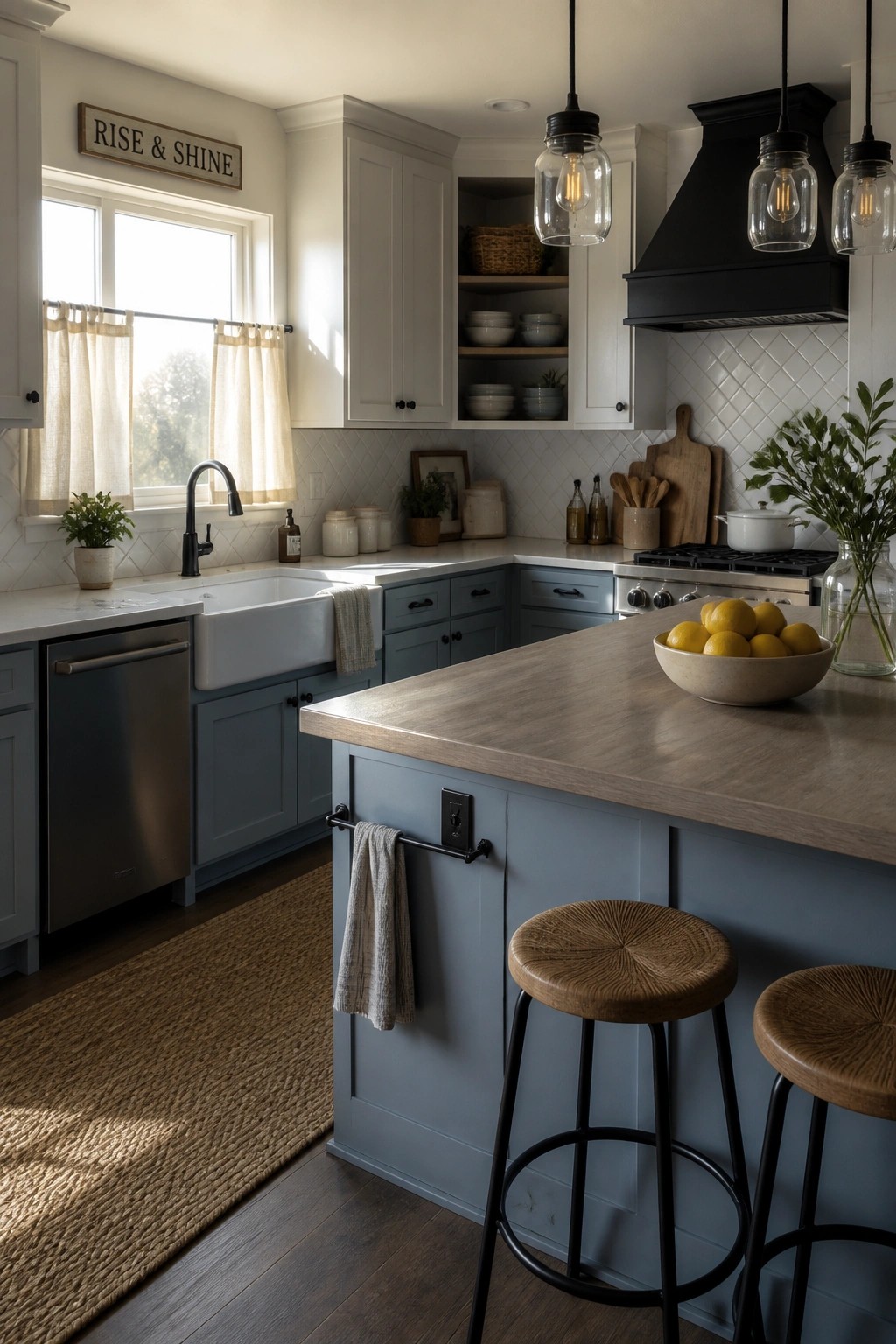 A farmhouse kitchen with blue gray lower cabinets and island, white upper cabinets, a white farmhouse sink, and three pendant lights above a wooden countertop.