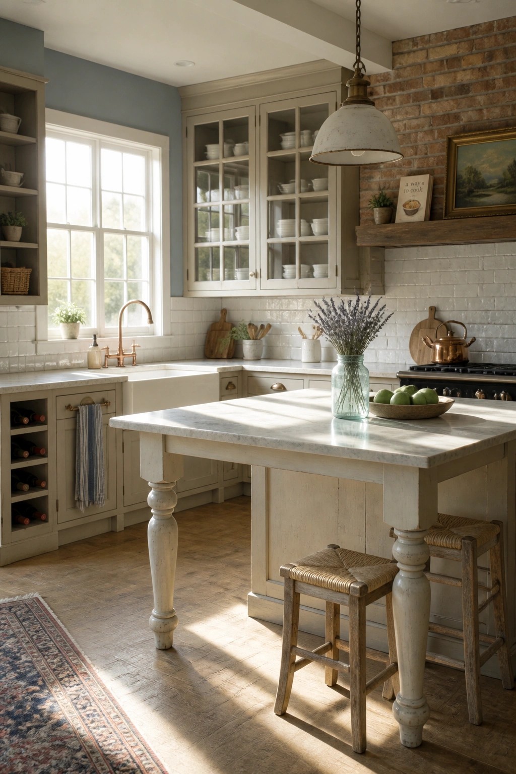 A bright farmhouse kitchen with cream cabinets, a marble-topped island, blue-gray walls, and a large window letting in natural light.