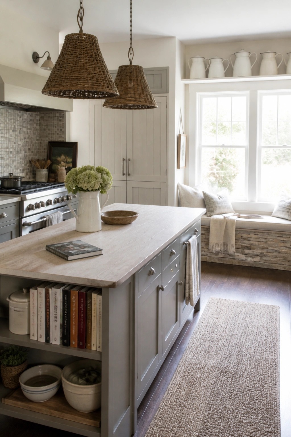 A bright farmhouse kitchen featuring soft gray cabinets, a light wood island, and a large window with a built-in seat.