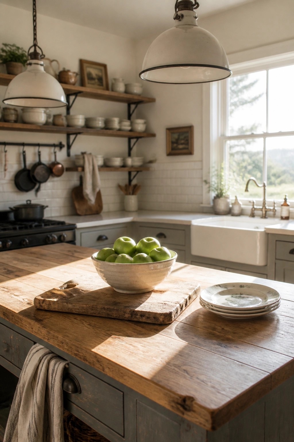A farmhouse kitchen interior showing a wooden island with a bowl of green apples, light gray cabinets, white walls, and a farmhouse sink under a window.