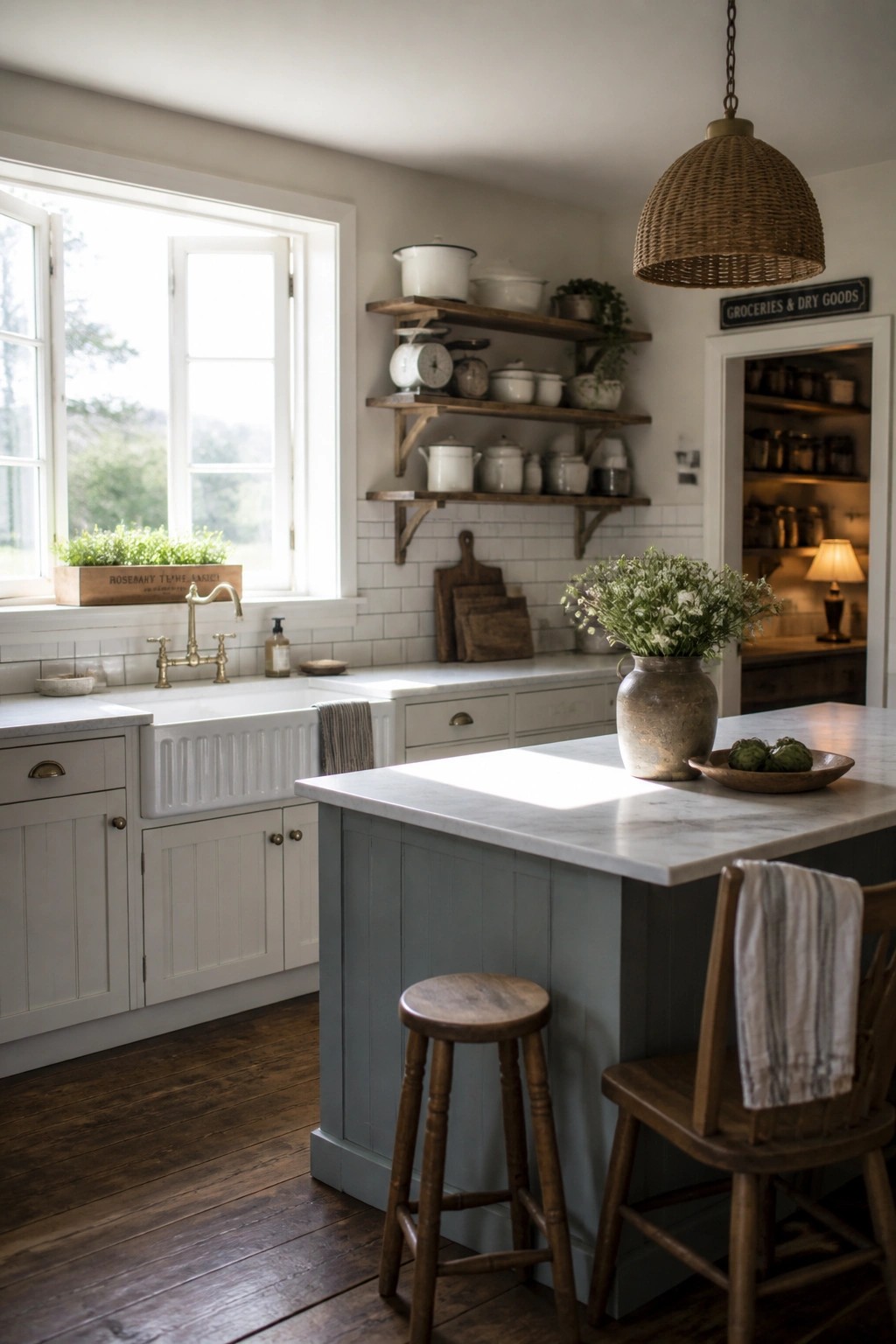 A farmhouse kitchen featuring a gray-painted island with a white marble top, white cabinetry, open wooden shelves, and a large window above the sink.