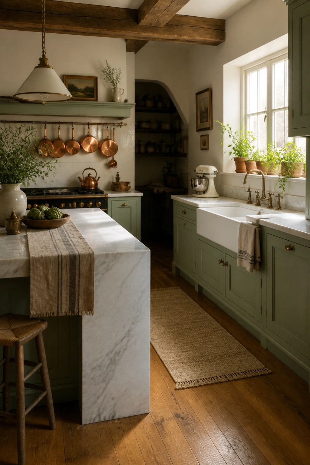 Rustic kitchen with sage green cabinets, marble island, copper pots, and wooden beams