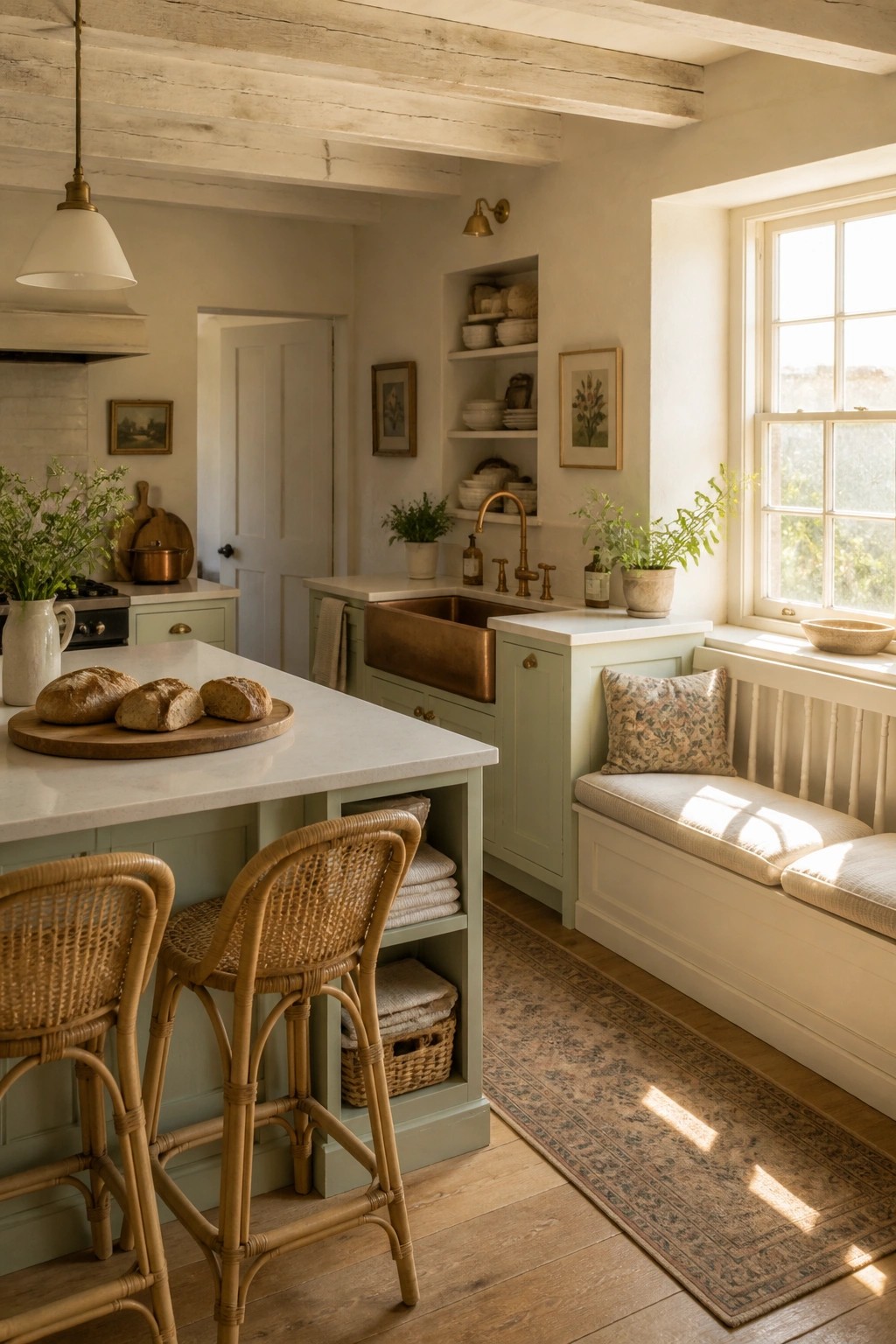 Cozy rustic kitchen with sage cabinets, marble island, wicker stools, and copper sink.
