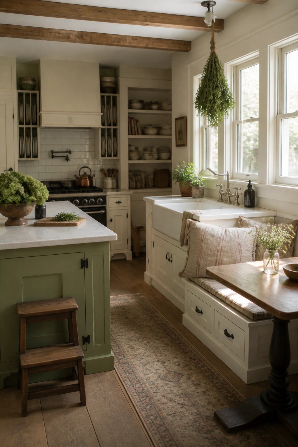 A farmhouse kitchen featuring a sage green island, white cabinets, a white farmhouse sink under windows, and wooden ceiling beams.