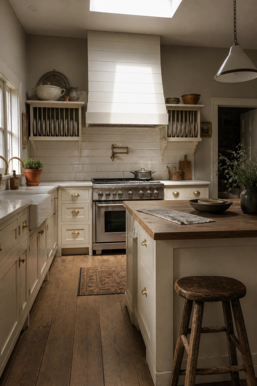 A farmhouse kitchen with off-white cabinets, a stainless steel range under a white hood, and a wooden island with a dark stool.