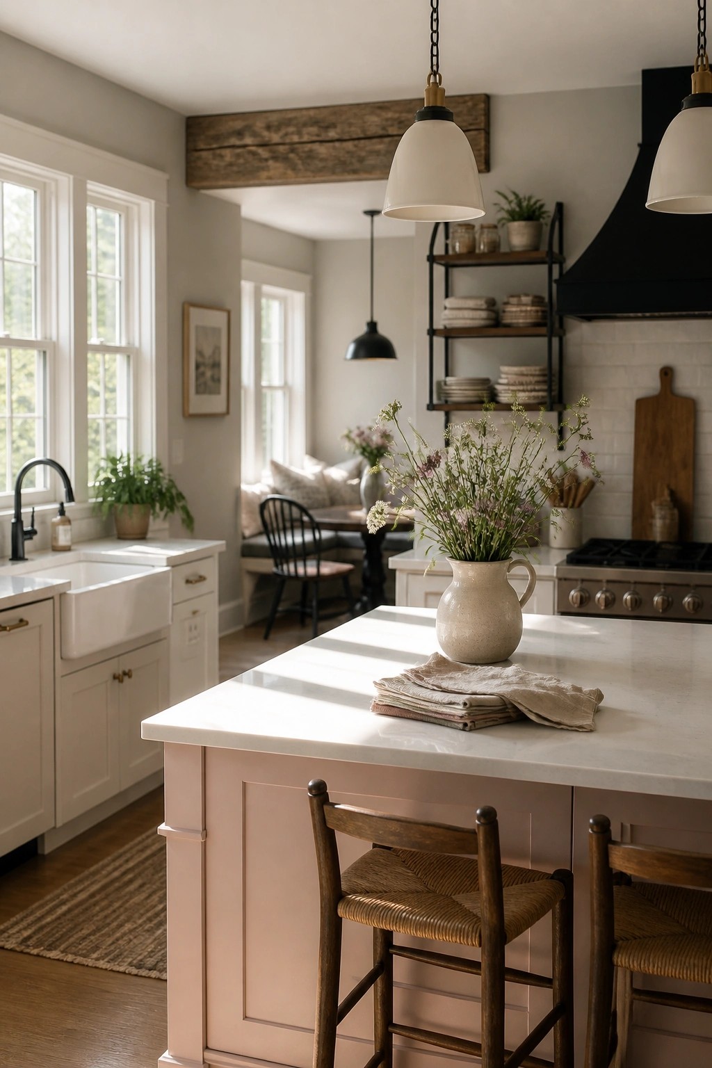 A farmhouse kitchen featuring a blush pink island with white countertops, wooden bar stools, and open shelving in the background.