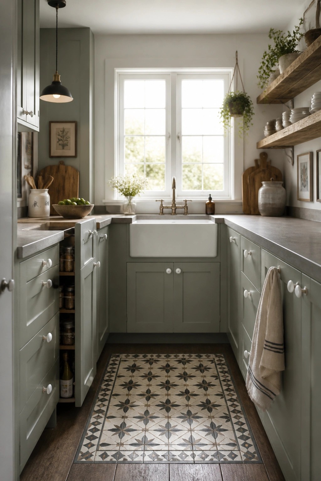 A farmhouse kitchen with sage green cabinets, a white farmhouse sink under a window, and a patterned tile runner on dark wood floors.