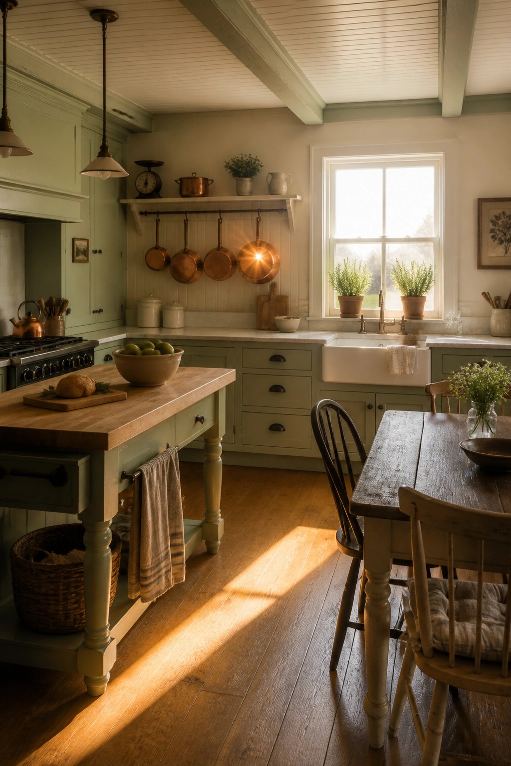 A farmhouse kitchen with soft green cabinets, a wooden island, and a white sink under a window.