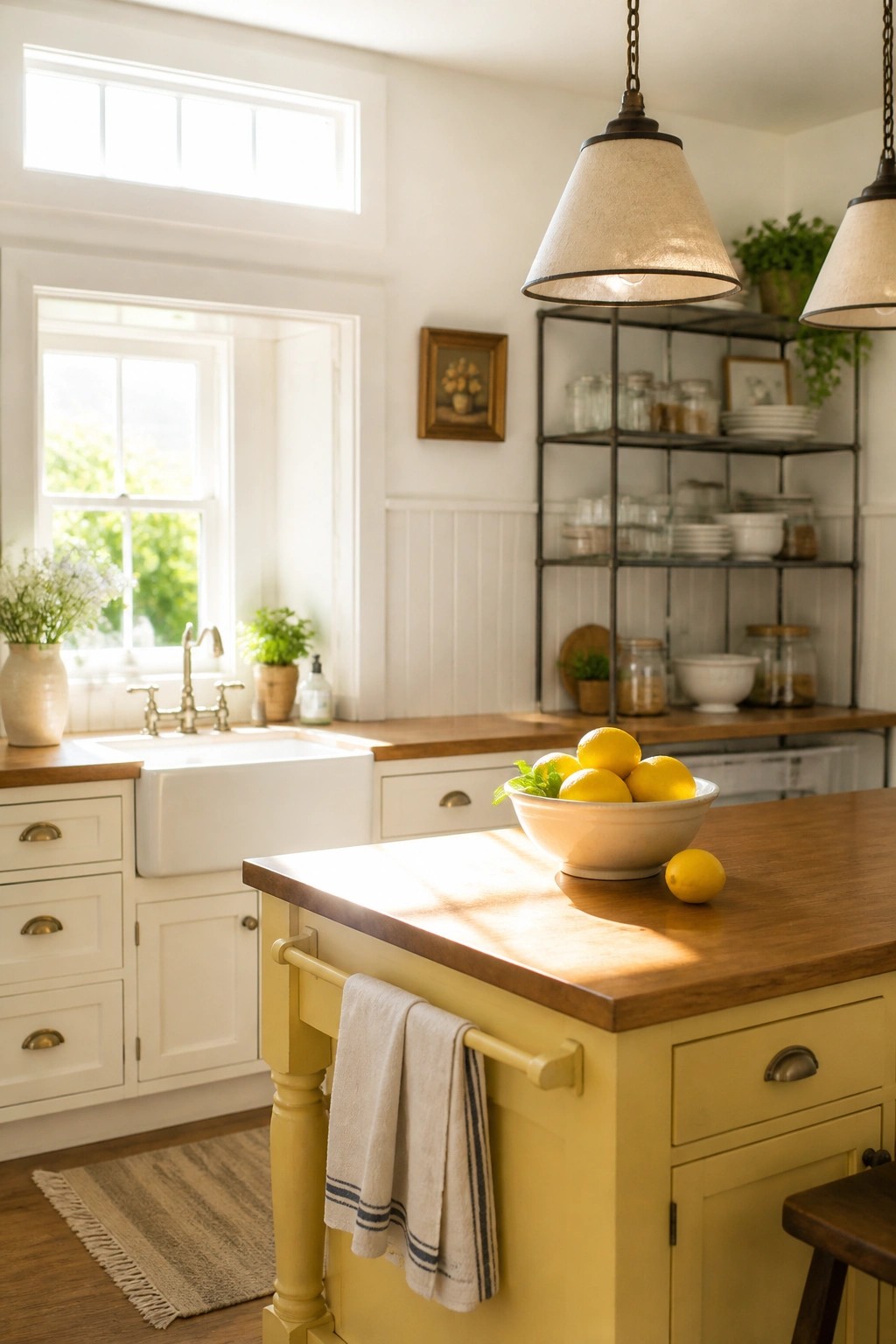 Yellow kitchen island with lemon bowl under pendant lights in sunny farmhouse kitchen