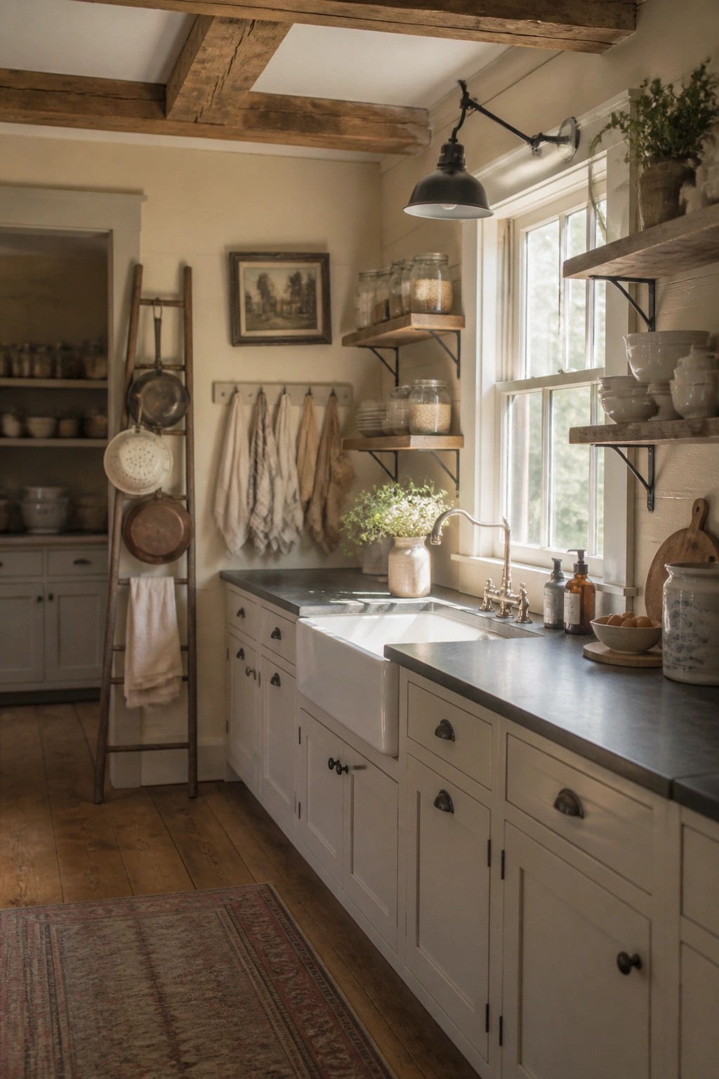A farmhouse kitchen interior with white cabinets, a white farmhouse sink, dark countertops, wooden ceiling beams, and open shelving near a window.