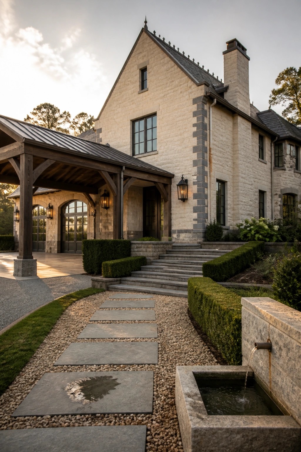 Elegant stone house with wooden portico, gravel path, steps, and water fountain