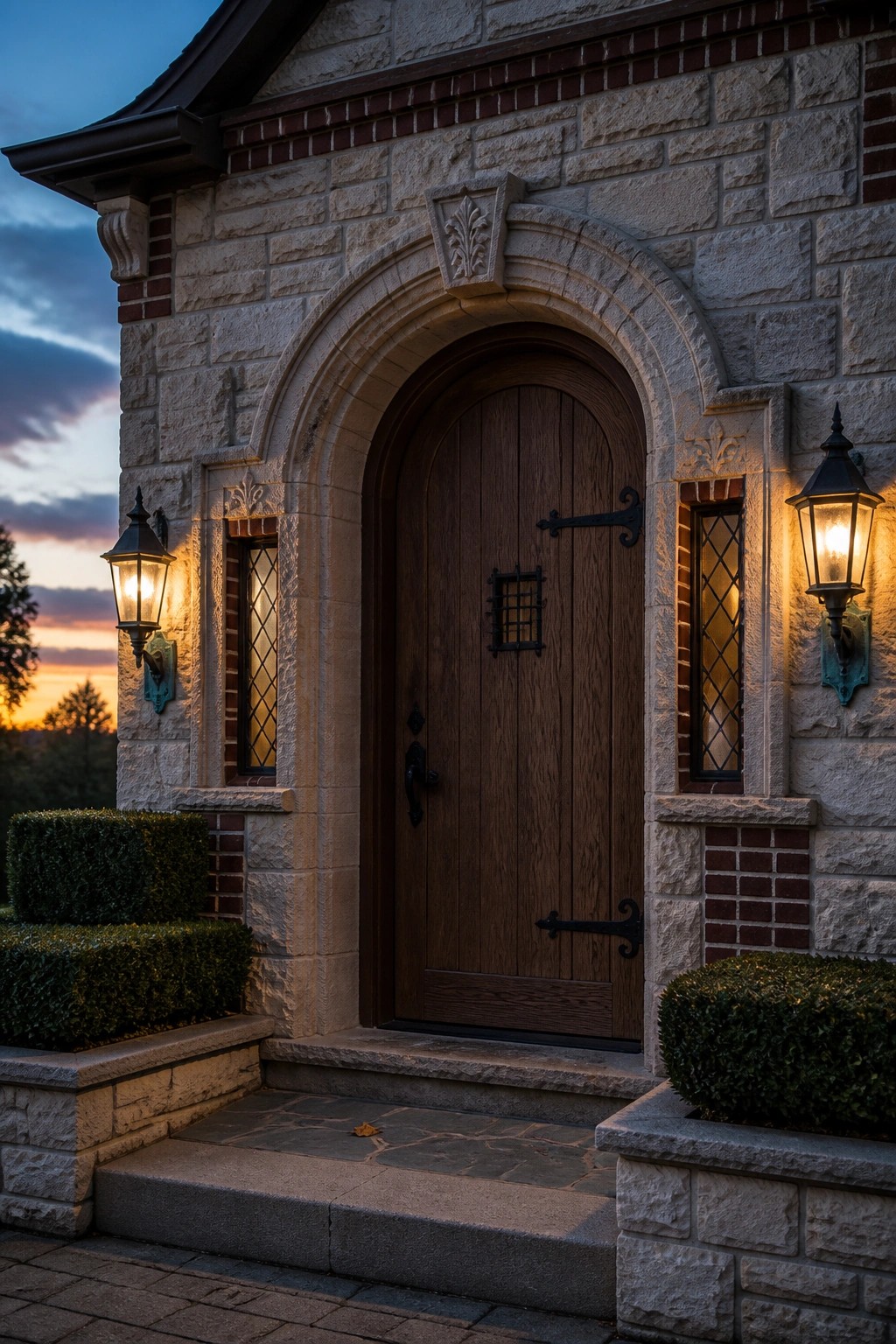A stone and brick house with a large arched wooden door set inside a curved stone entryway, flanked by two lit lanterns and small diamond-paned windows.