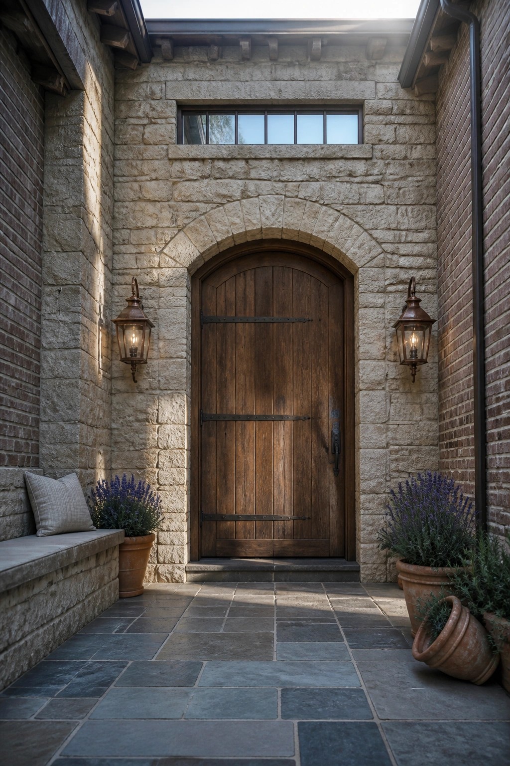 A wooden door centered under a stone arch on a mixed brick and stone house exterior, with lanterns mounted on either side and potted plants nearby.