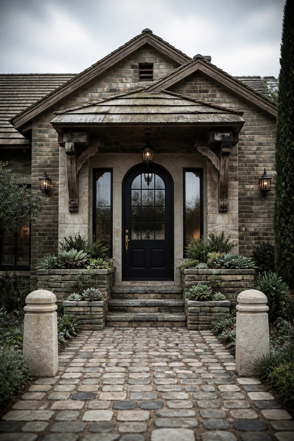 Brick house with black arched door, cobblestone path, stone pillars, and lanterns.