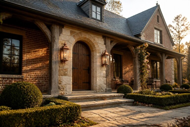 A brick farmhouse exterior with a stone-arched wooden entry door under a timber porch supported by thick posts, flanked by lanterns and low shrubs.