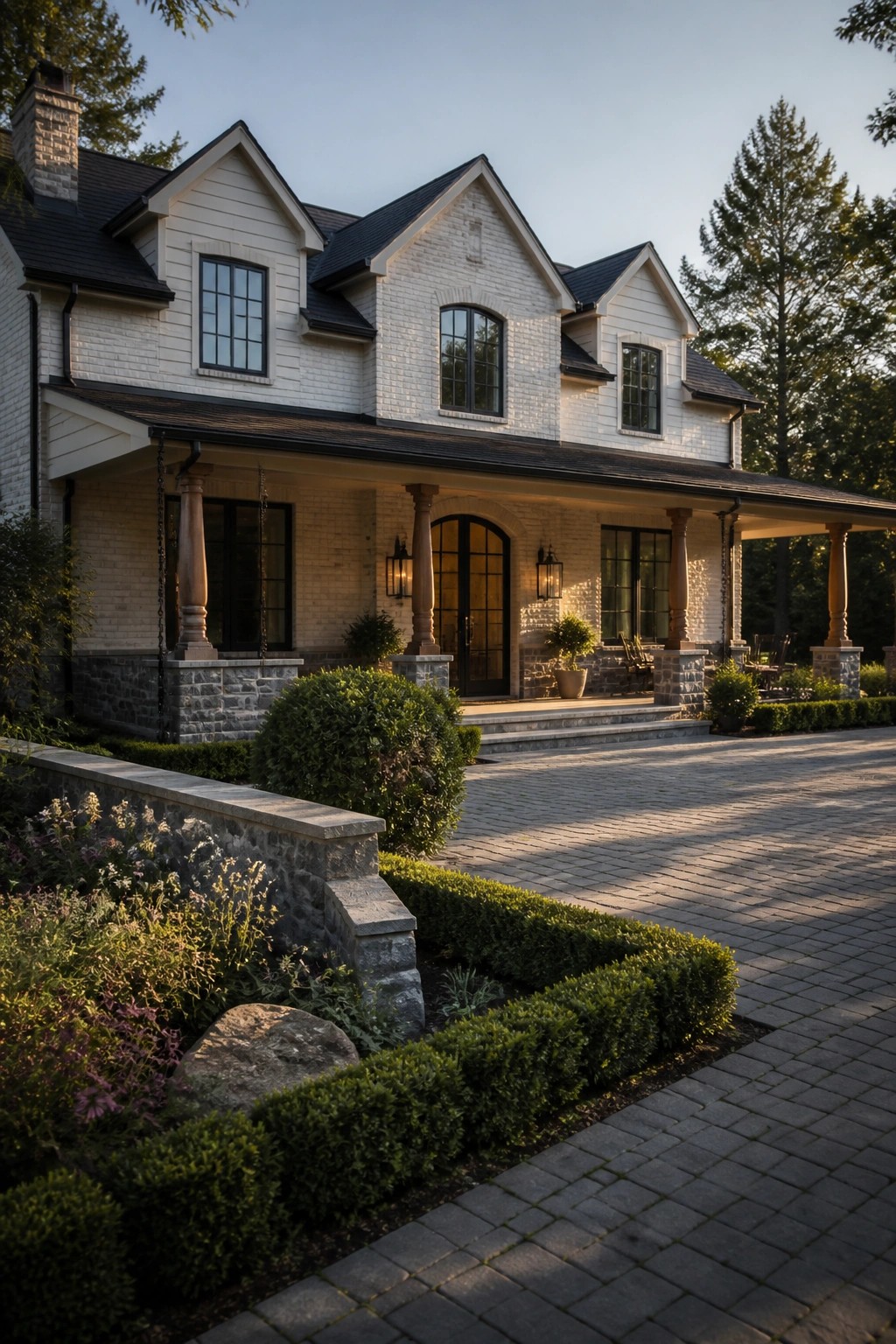Elegant white brick house with porch columns, arched door, and lush landscaping.
