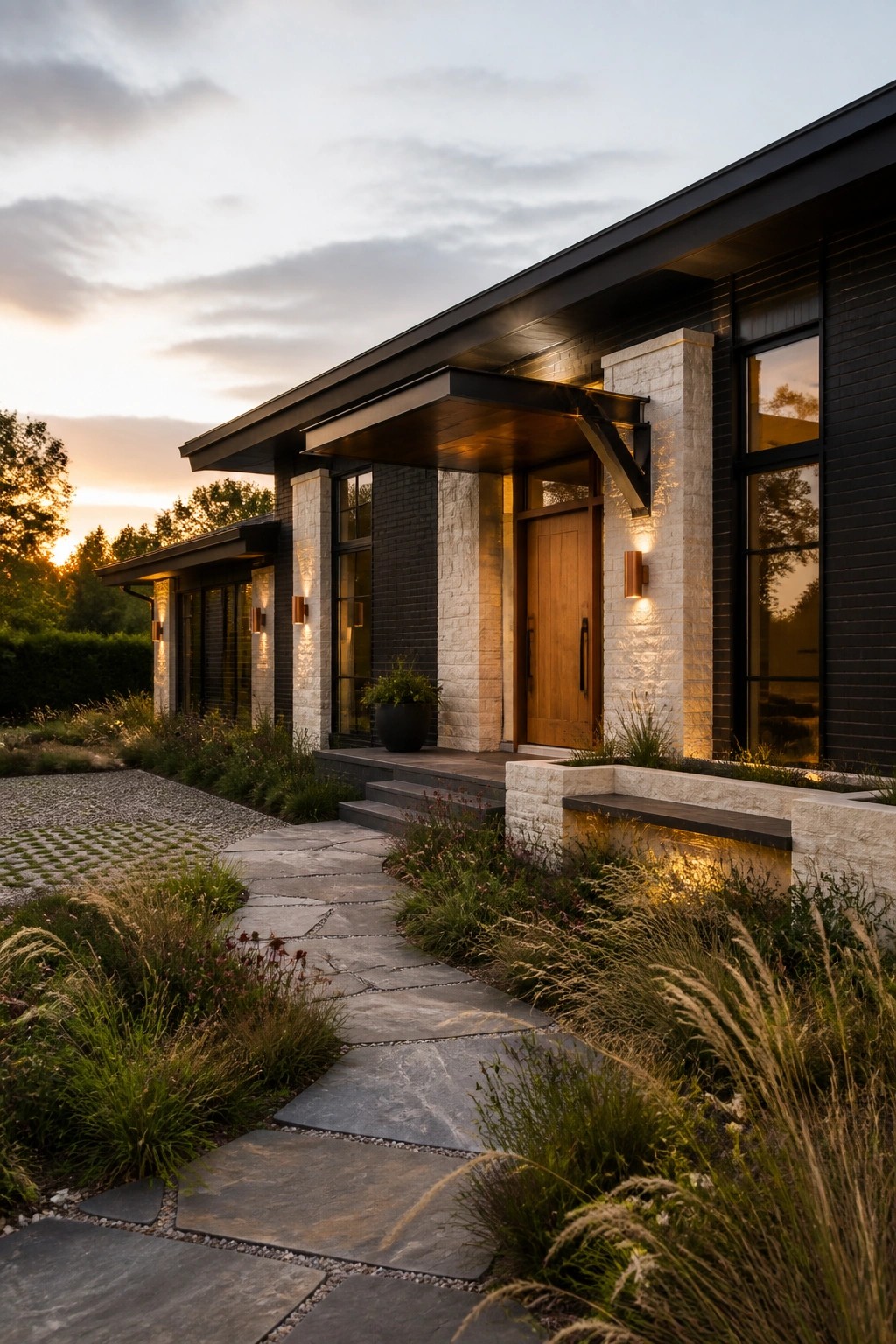 Modern home with wooden door, stone path, and warm lighting at dusk