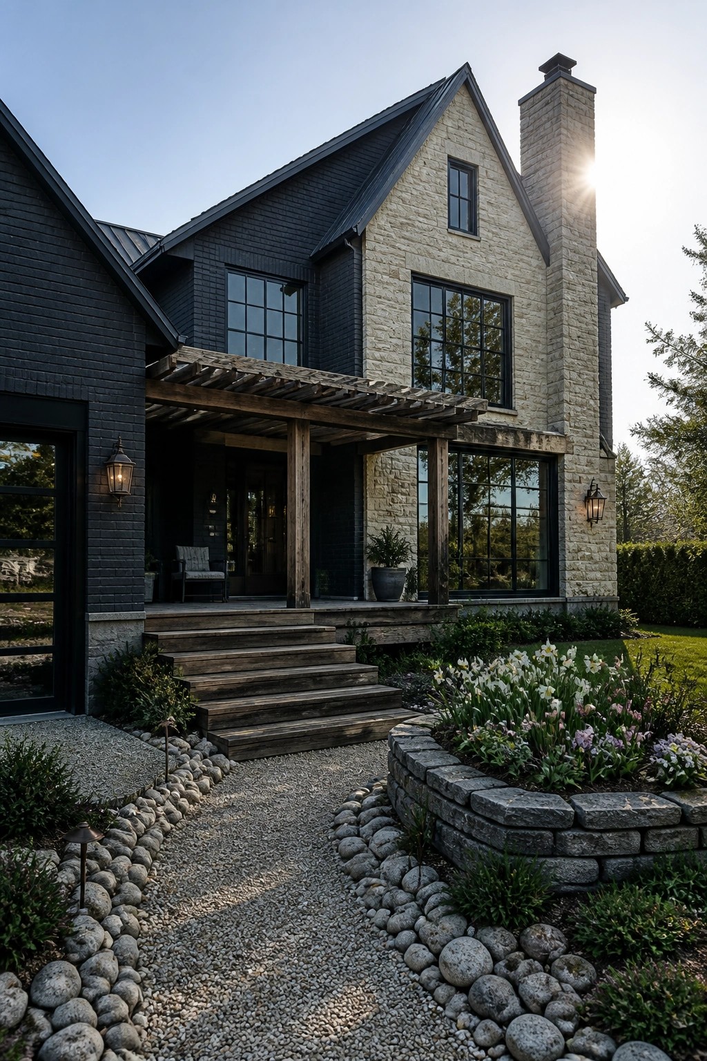 A two-story farmhouse exterior with dark siding on one side and light stone on the other, a wooden pergola over the entry, stone chimney, and a gravel path leading to wooden steps.
