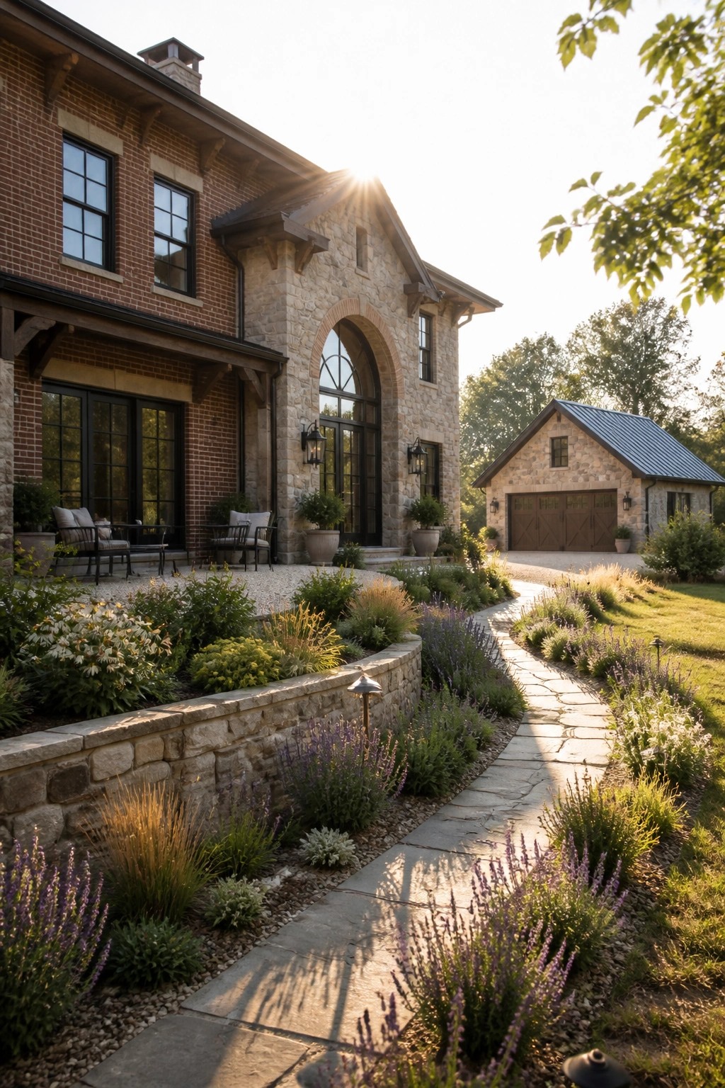 A brick and stone farmhouse exterior with an arched stone entry, black-framed windows, and a stone pathway bordered by flower beds leading toward a detached garage.