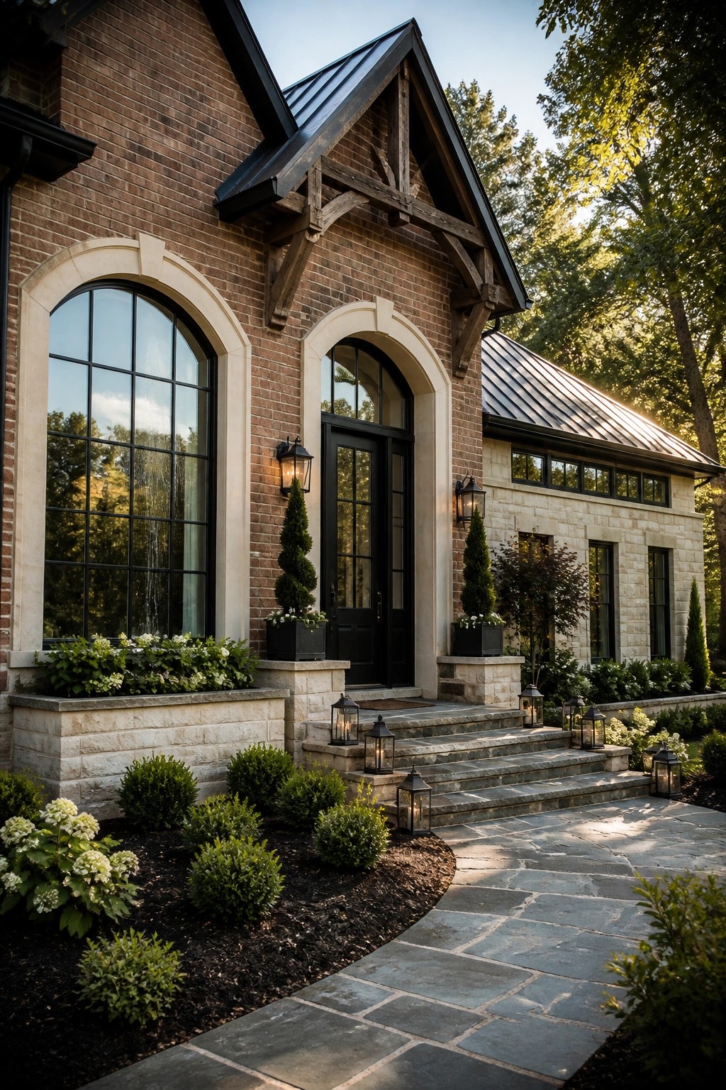 Brick house with arched windows, black door, stone steps, lanterns, and landscaping.