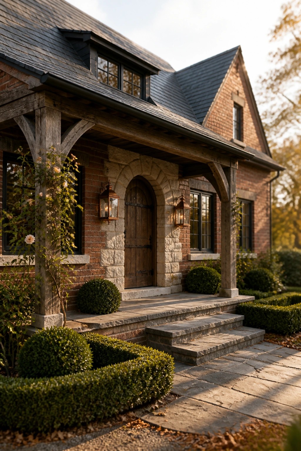 A brick farmhouse exterior with a stone-arched wooden entry door under a timber porch supported by thick posts, flanked by lanterns and low shrubs.