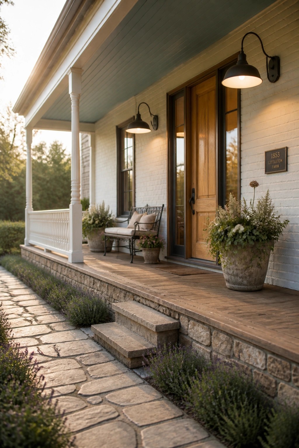 A white brick farmhouse with a stone foundation, wooden front door, covered porch, and large planters along the front.