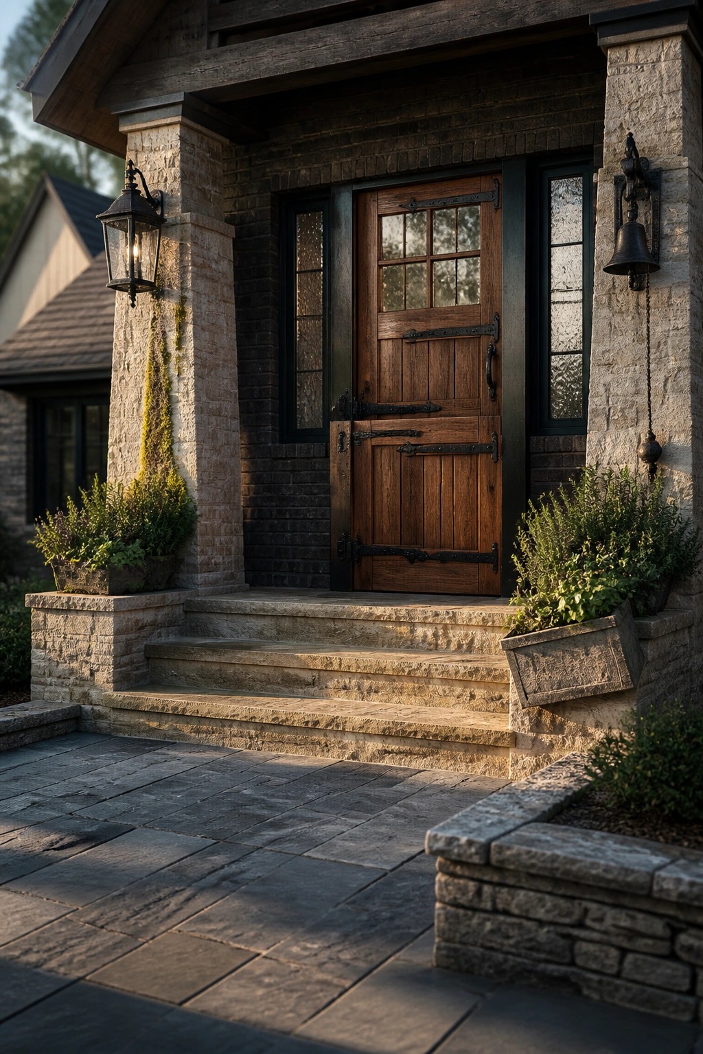 Front entry of a brick house with a wooden door, black iron hardware, and flanking stone columns on stone steps.