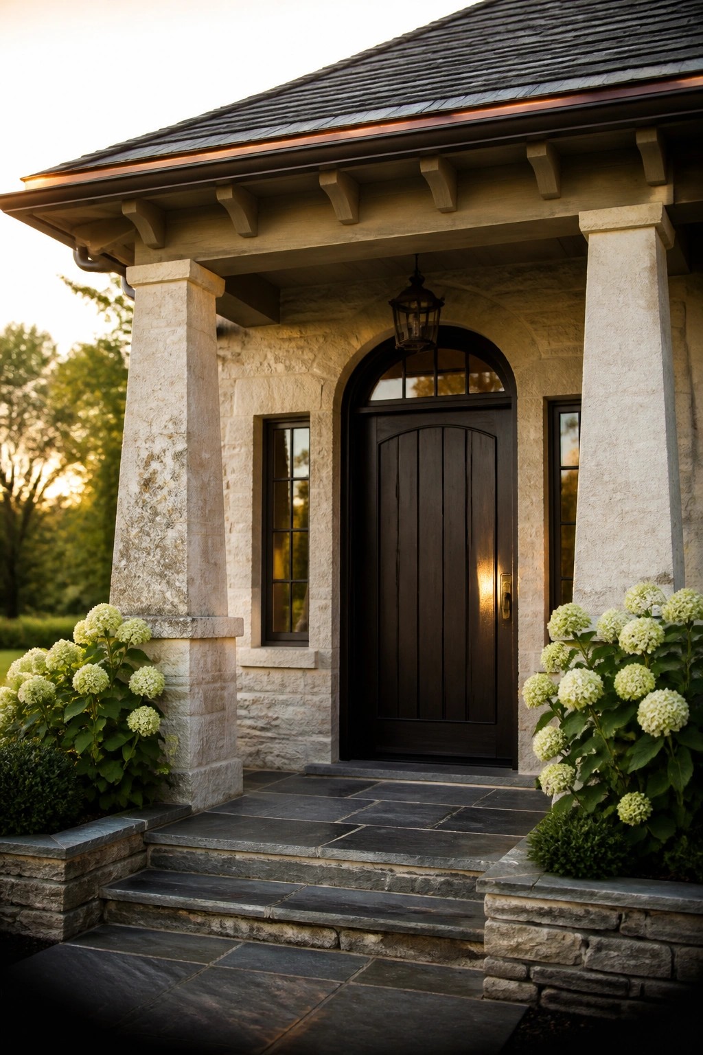 A stone house entrance with large columns supporting a roof over a dark arched wooden door and stone steps flanked by white hydrangeas.
