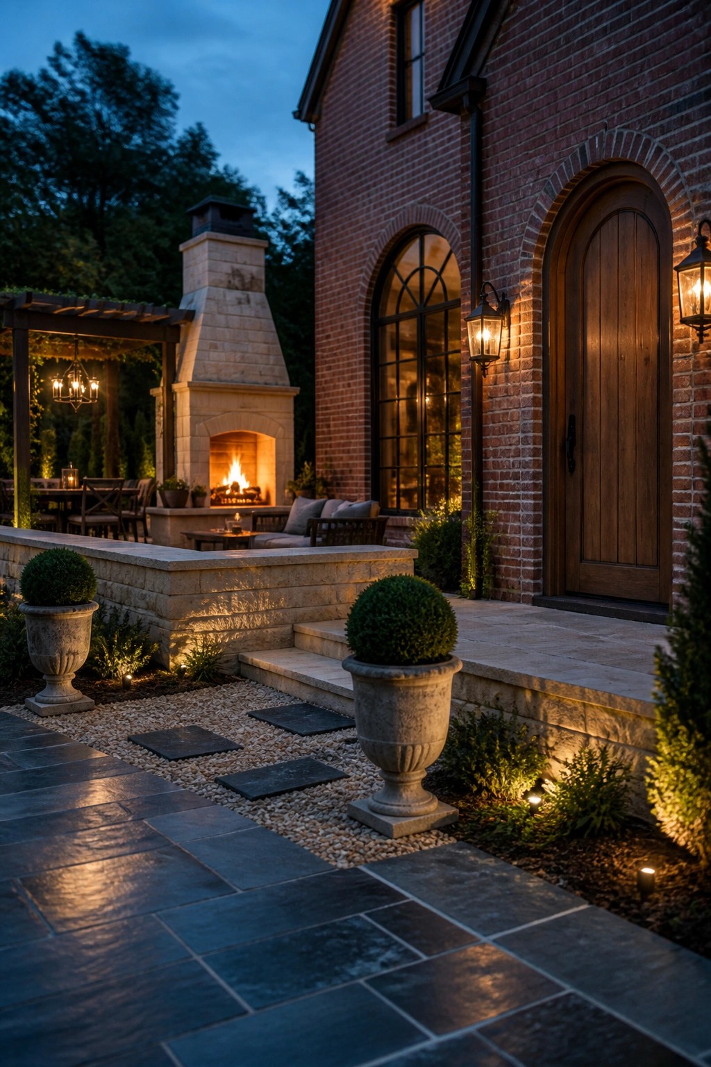 A brick house exterior with a wooden door and arched windows beside a large stone outdoor fireplace on a stone patio with potted plants.