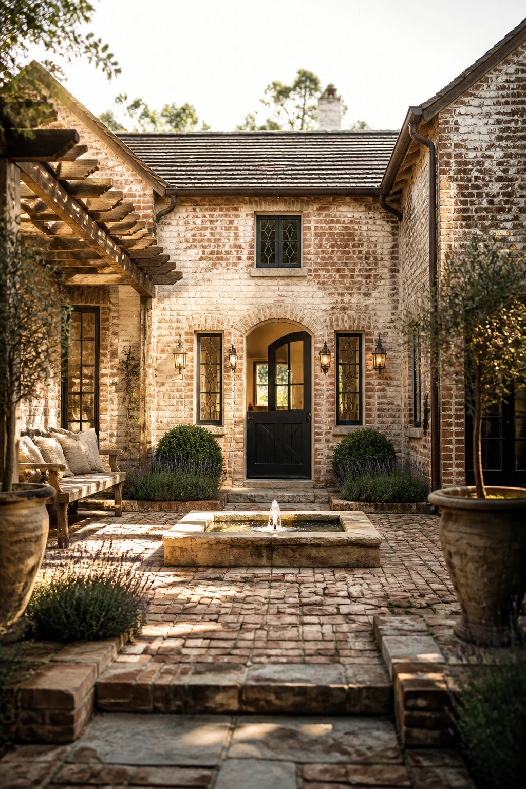 Brick farmhouse exterior with a central stone fountain in a cobblestone courtyard leading to a black arched door.