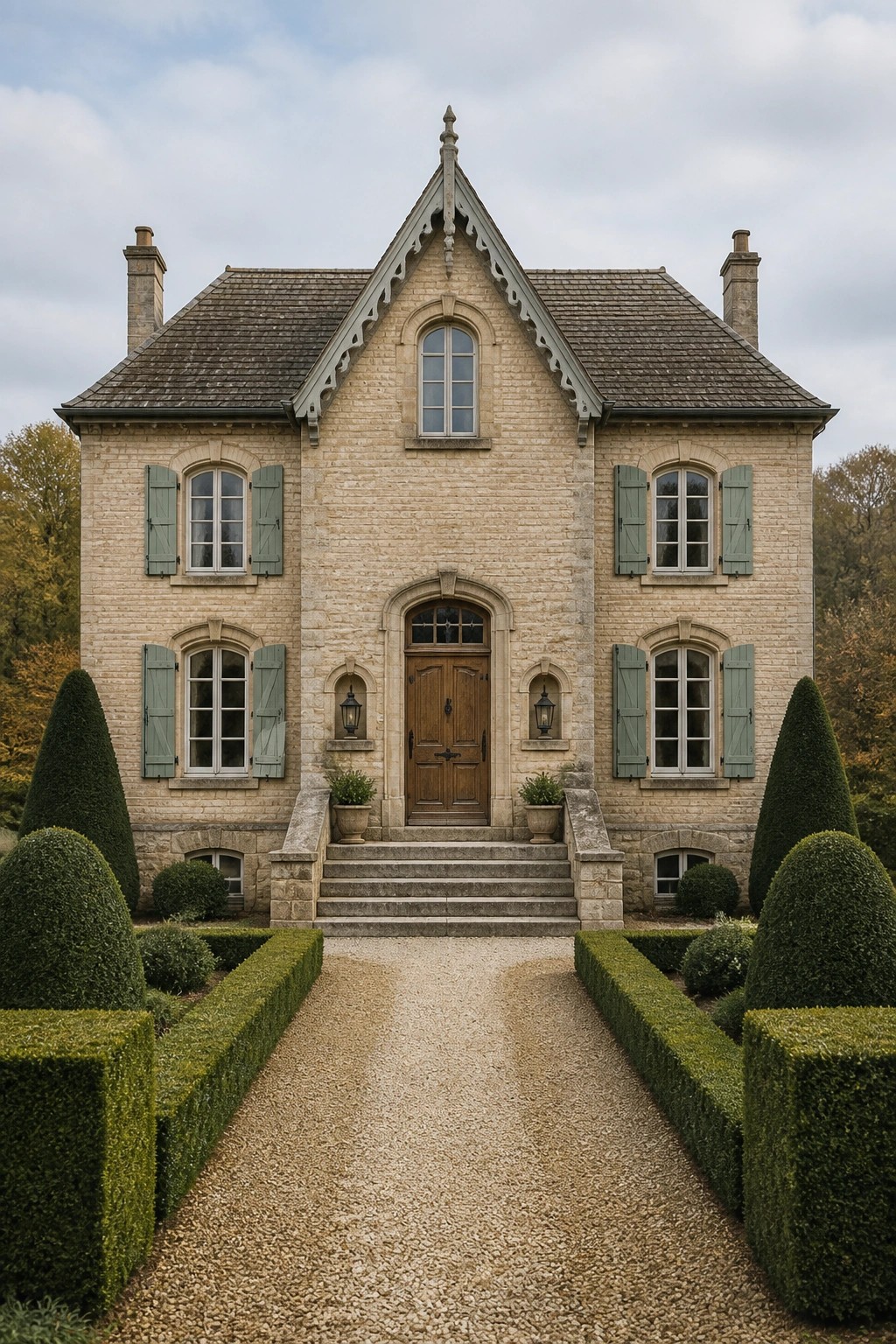 Front view of a two-story stone house with a central wooden door under a pointed gable, green shutters on the windows, stone steps, and a gravel path lined with shaped shrubs.
