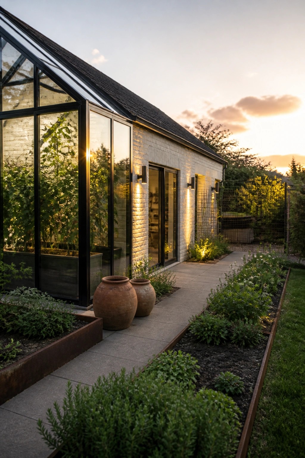 A white brick house with a large black-framed glass greenhouse extension along one side, a concrete path, raised garden beds, and two terracotta pots.