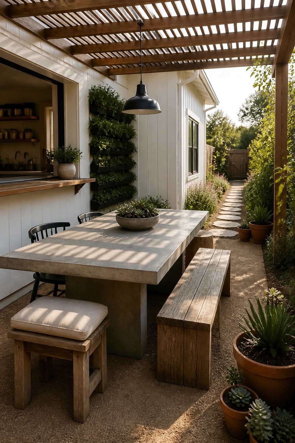 An outdoor dining area with a long concrete table, wooden benches, and a cushioned stool under a wooden pergola, positioned next to a white house with a kitchen pass-through counter and potted plants along a garden path.