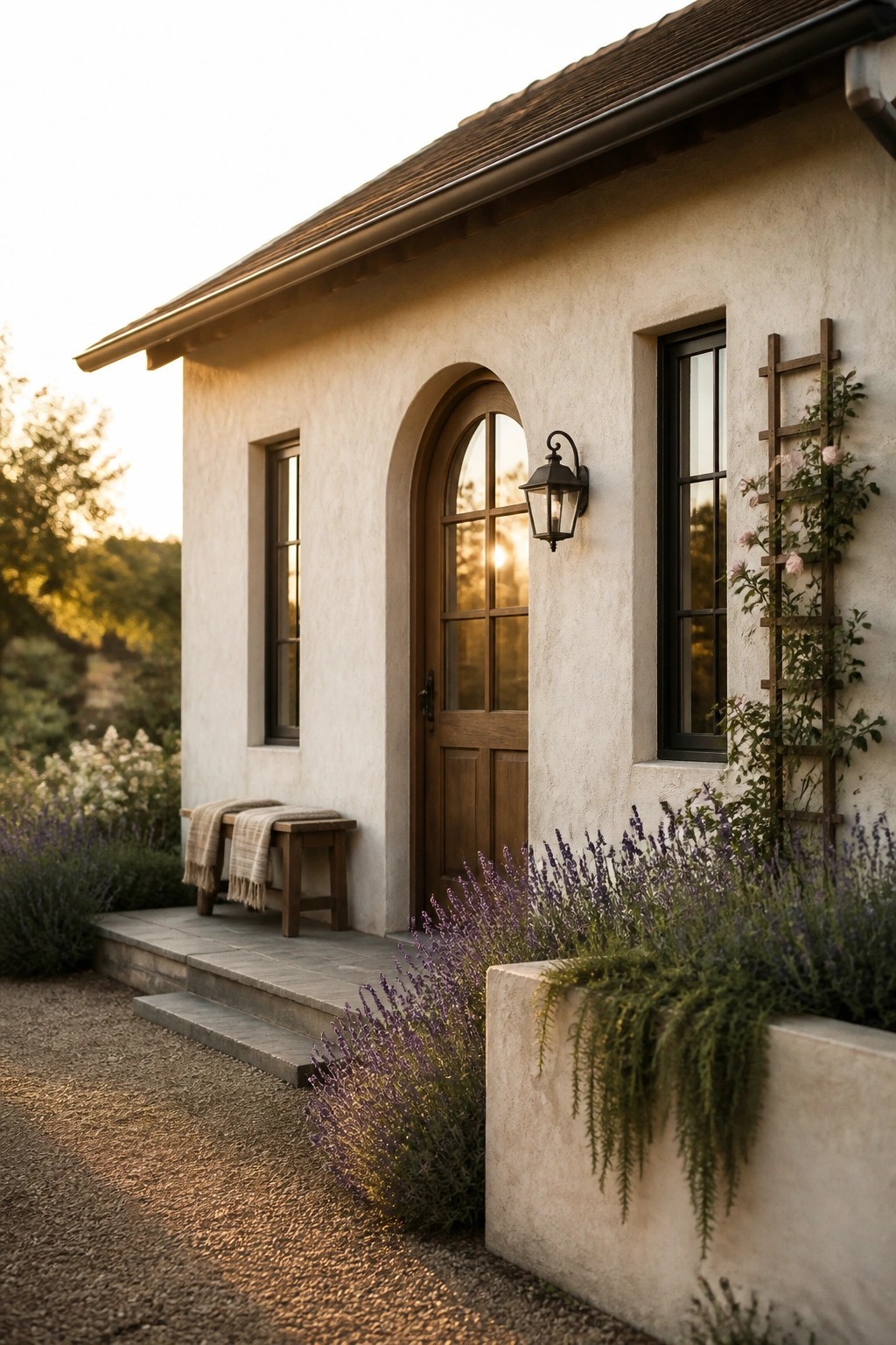 A stucco farmhouse exterior with an arched wooden door, small window, wall lantern, and lavender plants beside stone steps.