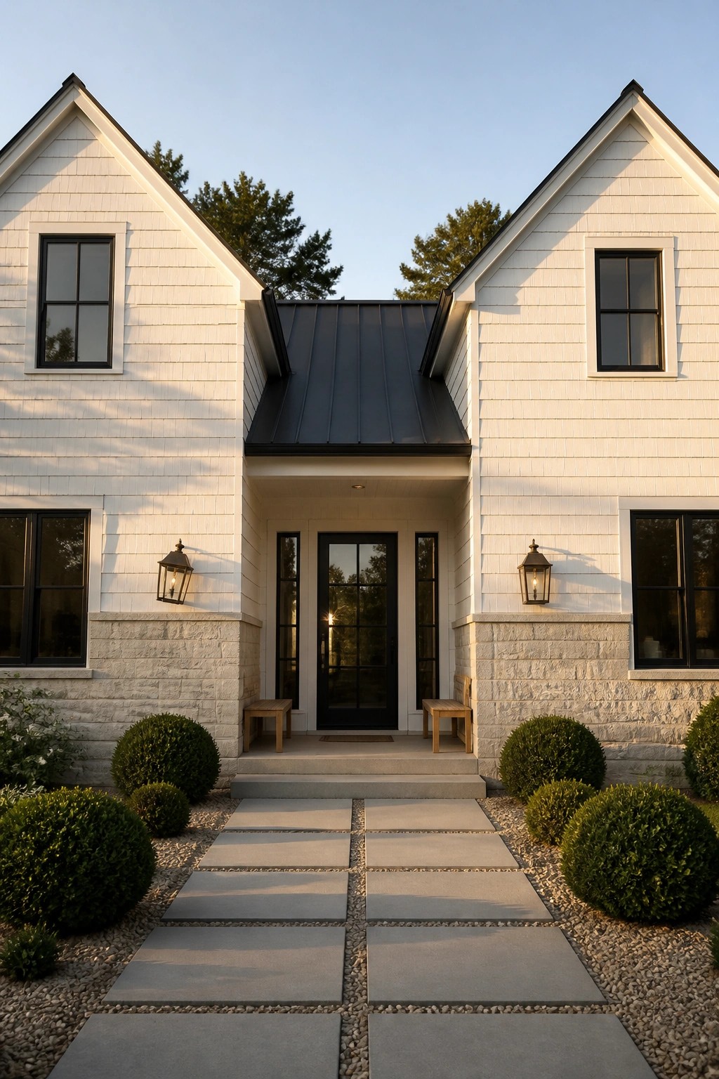 Front view of a white shiplap farmhouse with black-framed windows and door, stone foundation, metal roof overhang, and concrete paver walkway.