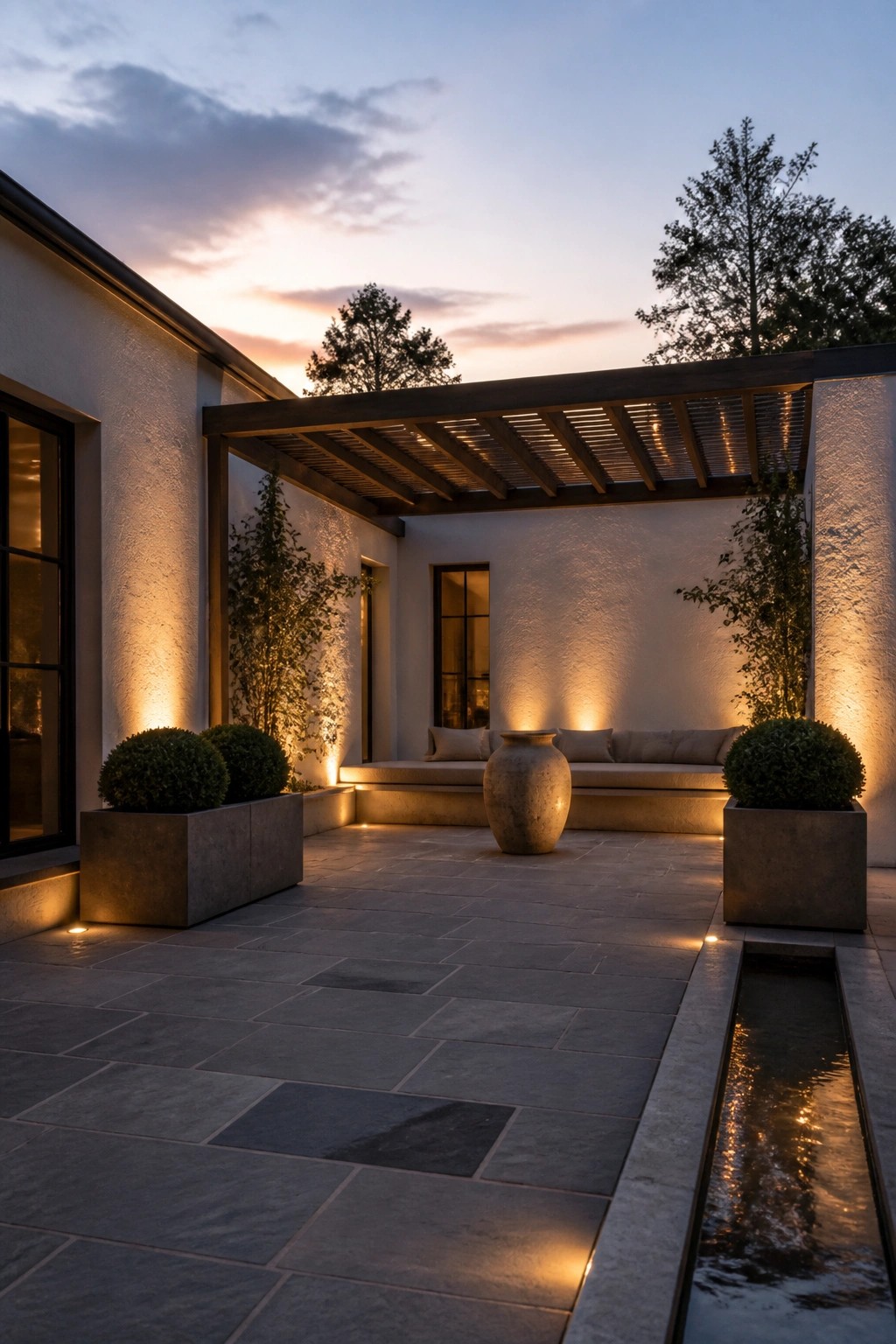 A minimalist outdoor patio at dusk with a dark wooden pergola covering built-in cushioned seating, concrete planters on both sides, and a narrow water channel along the stone pavers.