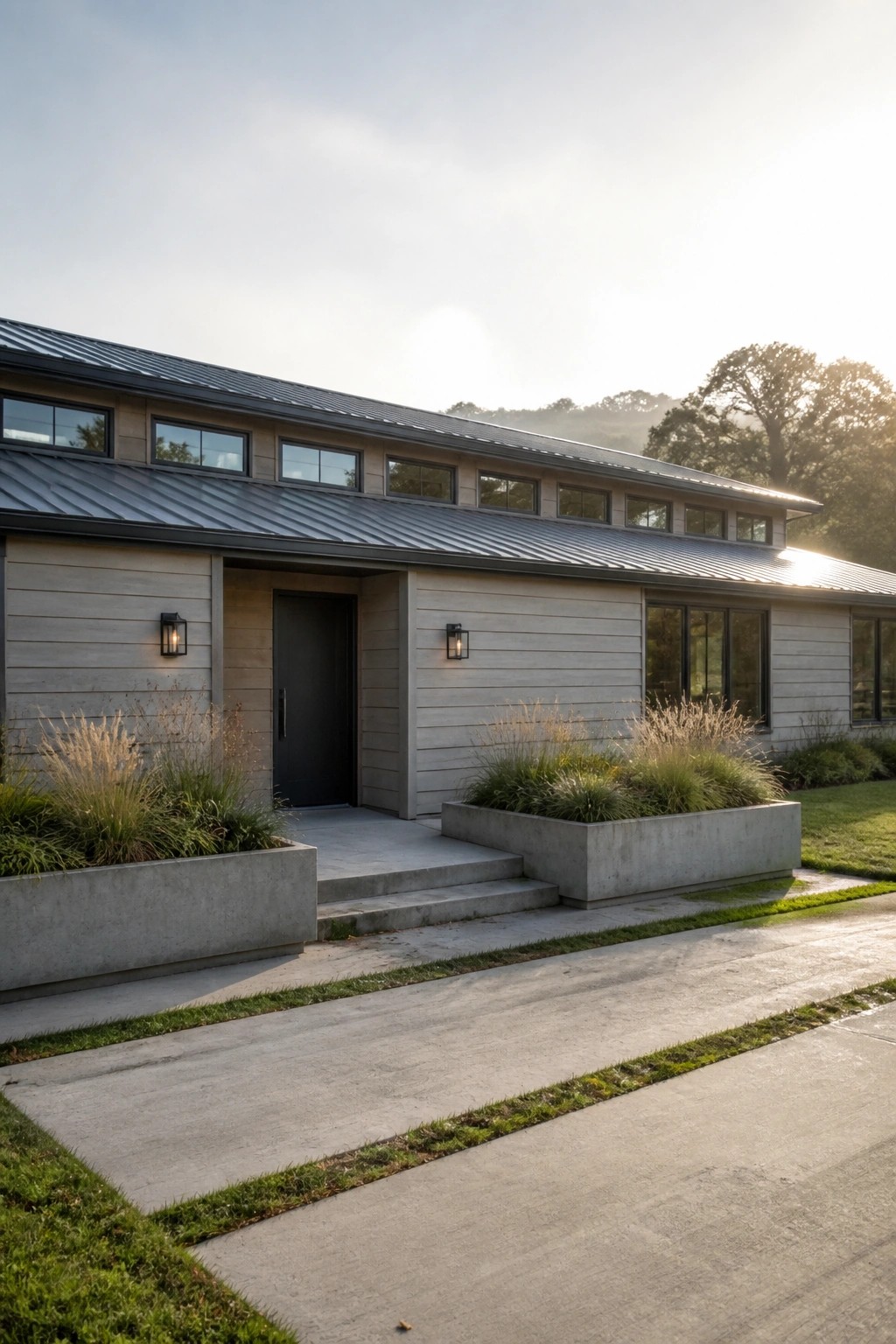 A modern farmhouse exterior with light horizontal siding, a dark metal roof, a black entry door, and two large concrete planters flanking the front steps.