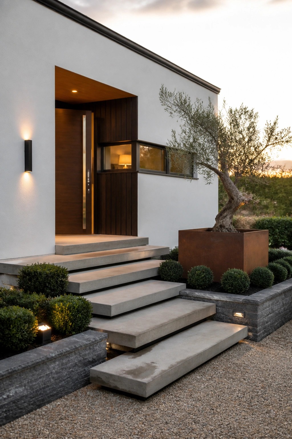Modern white house exterior with dark wood door, wide concrete steps, and minimal shrubs in raised beds including a large rusted metal planter with an olive tree.