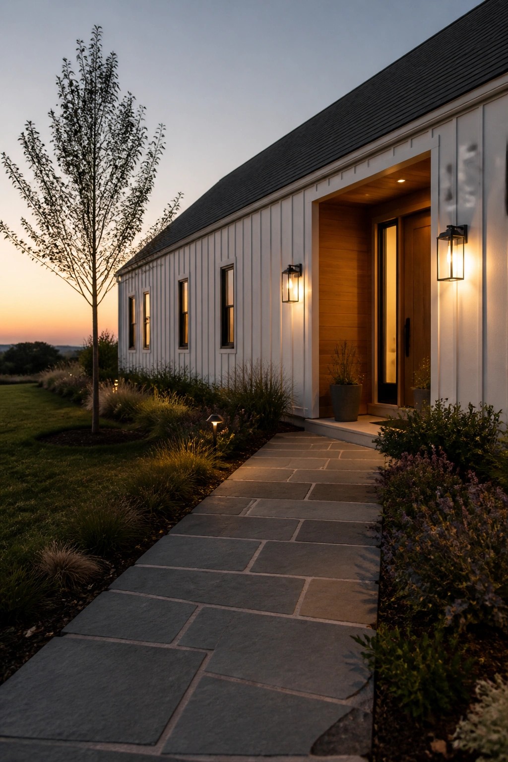 White modern house with wooden entry, stone path, and glowing lanterns at dusk