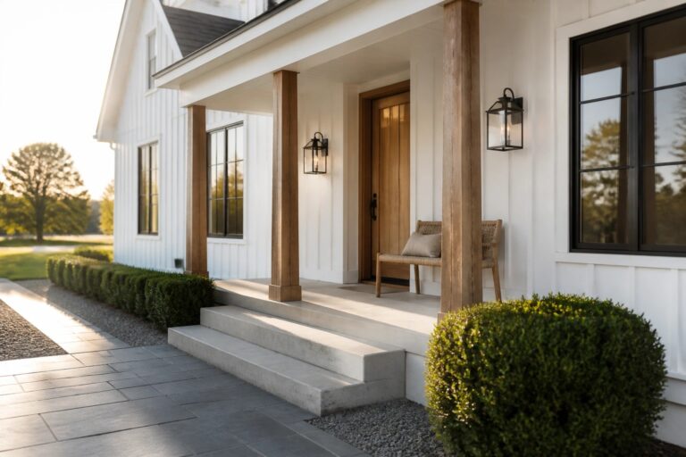 White farmhouse porch with wooden columns, door, bench, and concrete steps.