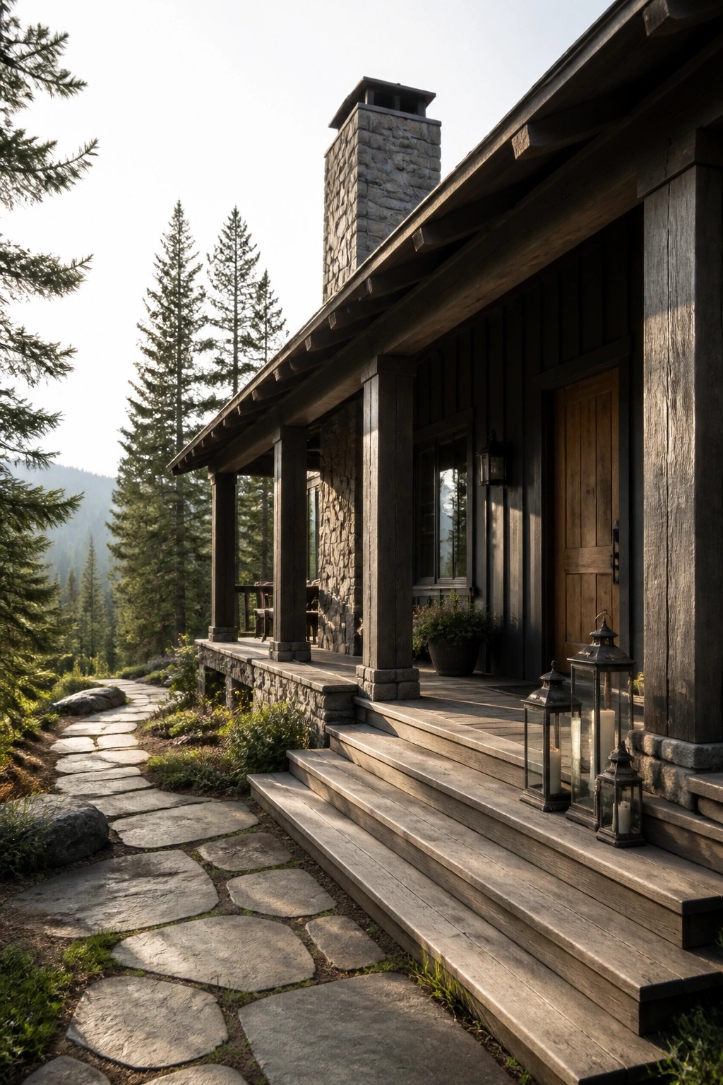 A dark wood house exterior with a stone chimney, covered porch, wooden steps, and lanterns beside a stone pathway leading through trees.